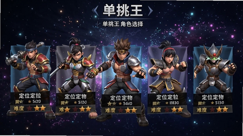 单挑王 角色选择|单挑王角色选择界面,展示多位造型各异的战斗角色,每个角色下方标注其定位与难度星级,背景为动态的星空粒子效果
