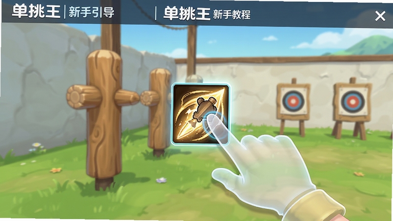 单挑王 新手引导|单挑王新手教程界面,画面中有一个半透明的指引手势正在点击屏幕上的技能按钮,背景是训练场的木桩与靶位,整体风格清新简洁