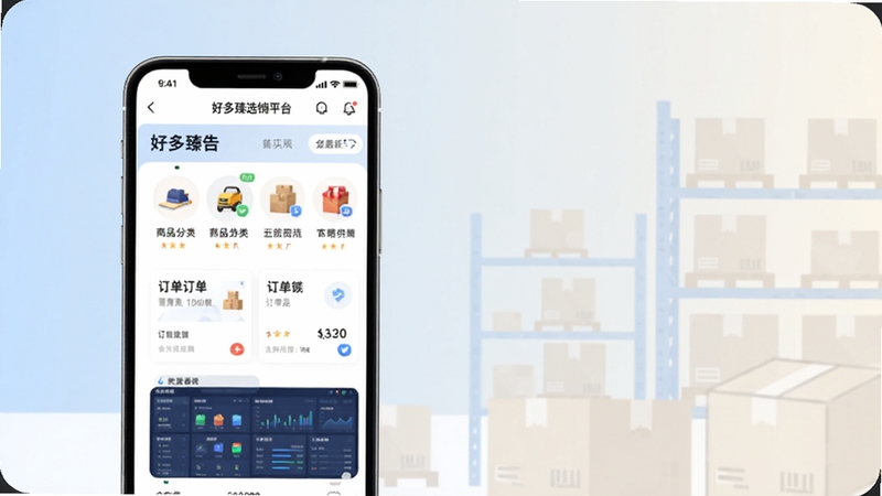 好多臻选供销平台核心全貌展示,画面主体位于画面中央偏左位置,是一台竖直放置的智能手机,屏幕上显示好多臻选供销平台首页界面,包含商品分类入口、订单卡片与数据看板;背景区域为画面右侧与上方,采用柔和浅蓝渐变到米白的商务色调,点缀若隐若现的仓储货架与物流箱轮廓,整体风格简洁现代,扁平插画质感,光线明亮均匀,细节清晰,比例16:9