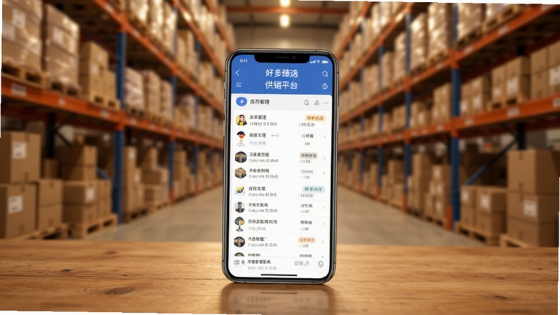 好多臻选供销平台功能场景图,画面主体位于画面中央,一部手机平放在木质桌面上,屏幕显示好多臻选供销平台的库存管理列表与订单状态标签;背景区域为画面四周,是虚化的仓库通道与整齐码放的纸箱货架,暖色调灯光,景深效果明显,商务写实风格,细节丰富,比例16:9