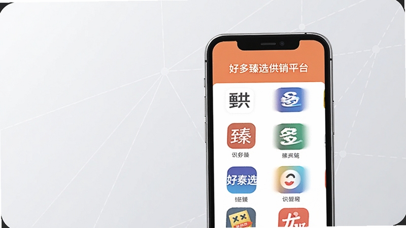 好多臻选供销平台同类应用对比场景图,画面主体位于画面中央偏右,一部手机屏幕显示好多臻选供销平台与多款同类应用图标排列;背景区域为画面左侧与后方,是淡灰色渐变背景与轻量网格线条,整体风格简约商务,色彩柔和,扁平化设计,比例16:9