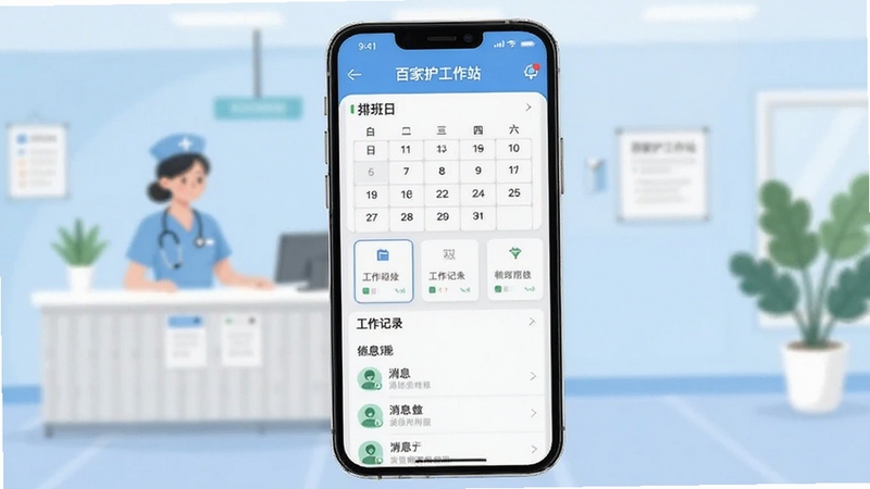 画面中央为一部智能手机,屏幕上显示百家护工作站的应用主界面,界面中包含排班日历、工作记录卡片和消息列表等元素;背景为柔和的浅蓝色医疗环境,远处有模糊的护士站轮廓与绿植点缀,整体色调清新专业,采用扁平化插画风格,光线明亮均匀,构图简洁突出手机主体