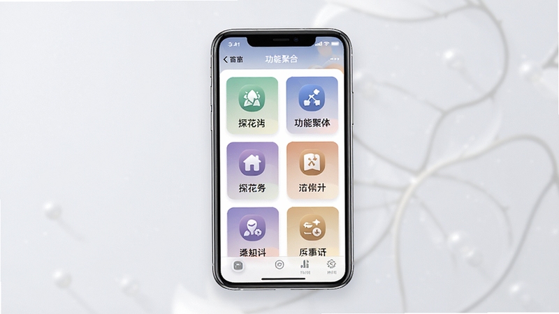 探花秀功能模块展示图,画面中央为手机界面,显示多个功能卡片整齐排列,图标风格统一,背景为柔和浅灰色,突出功能聚合特点