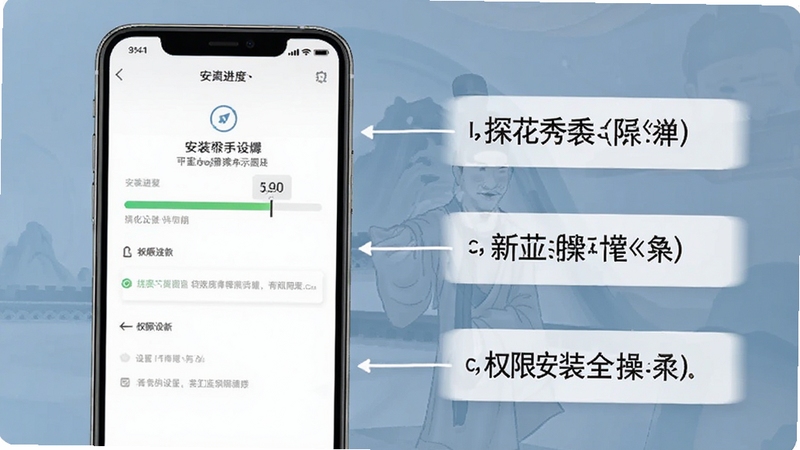 探花秀新手安装操作示意图,画面展示手机屏幕上的安装进度条与权限设置界面,旁边有简洁的文字标注,风格清晰直观