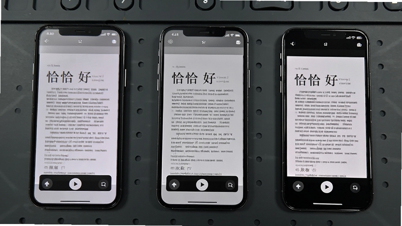 恰恰好扫描多模式滤镜对比效果图,画面中并排展示同一份文档在增强、灰度、黑白三种模式下的处理结果,背景为深灰色工作台,手机屏幕内呈现不同滤镜下的文字清晰度差异,整体构图整齐,适配Boogu模型生成