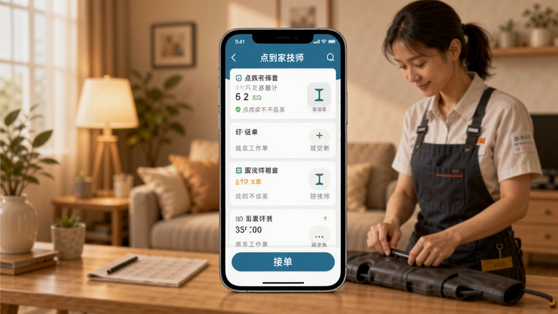 ��㵽�Ҽ�ʦ��APP������չʾ����������Ϊ�ֻ���Ļ����ʾ�����б���ӵ���ť������Ϊ��ܰ�ļҾӷ��񳡾���ɫ����ů��ͣ�ͻ����ʦ����̨���ܷ���������Booguģ������
