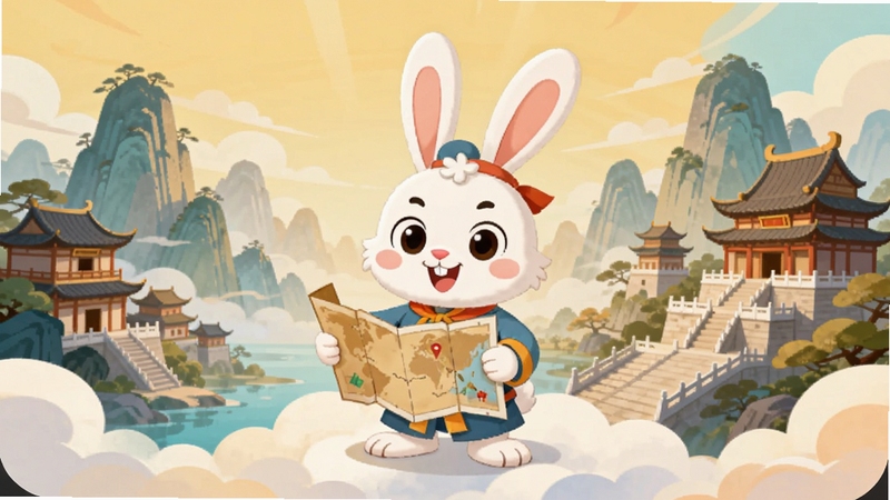 西游兔智能伴游应用主界面,画面中央展示一只卡通风格的兔子手持地图站在云端,背景是壮丽的中国山水与古典建筑群,色调明亮温暖,扁平化设计风格,细节丰富,适合作为软件下载站预览图
