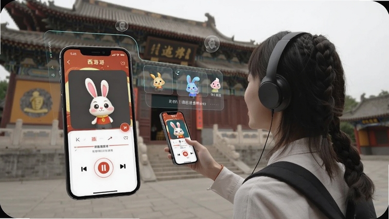 西游兔智能语音伴游场景,一位游客站在古建筑前戴着耳机,手机屏幕显示西游兔APP的语音播放界面,画面融合现实与虚拟信息层,展现科技与人文结合的氛围