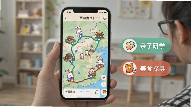 西游兔个性化路线定制功能展示,手机屏幕显示地图上标记了多个景点与连线路线,旁边有主题标签如亲子研学与美食探寻,界面简洁清晰