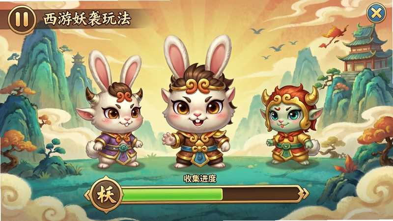 西游兔妖逆袭玩法界面,展示卡通妖怪角色与收集进度条,背景是色彩鲜艳的国风画卷风格,角色造型可爱,具有手游UI设计感
