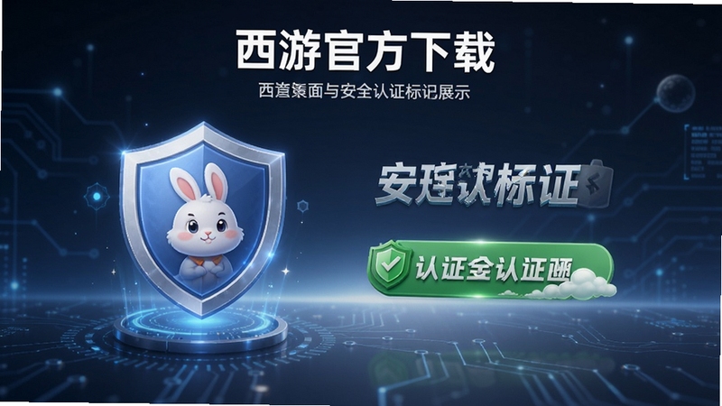 西游兔官方下载页面与安全认证标识展示,画面包含盾牌图标与绿色安全标识,背景简洁科技感,强调正规与可靠