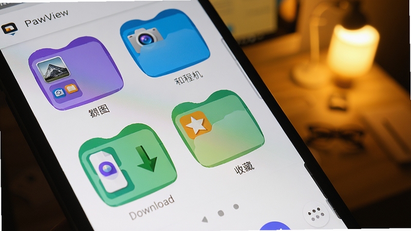 一部安卓手机屏幕特写,PawView 应用界面中显示多个彩色分类文件夹,标签分别为截图、相机、下载、收藏,背景为柔和的暖光桌面环境,画面细节清晰,体现智能分类的便捷性