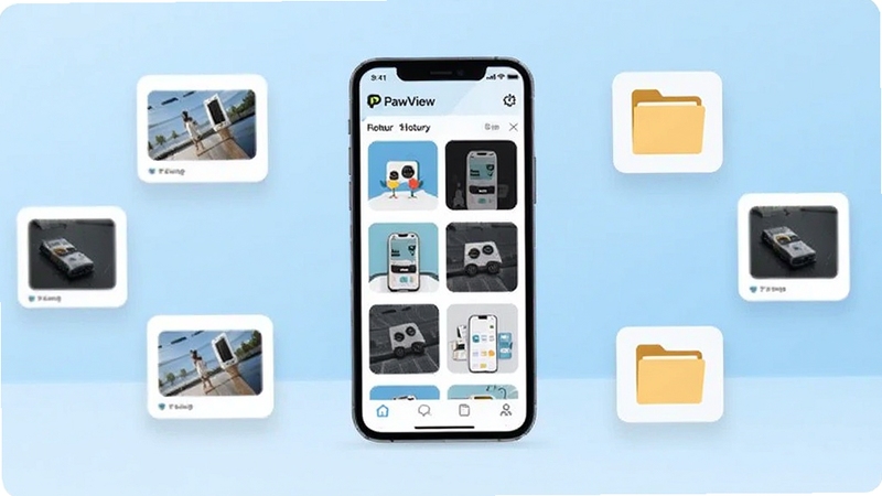 画面中央放置一部智能手机,屏幕显示 PawView 软件图库管理界面,背景为简约的浅蓝色渐变空间,四周漂浮着缩略图卡片与文件夹图标,整体风格清爽现代,突出工具类应用的专业感与易用性