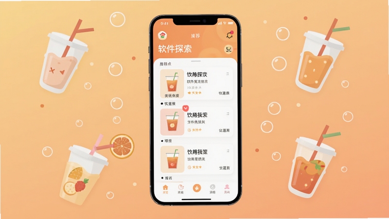 软件寻饮主界面全貌展示,画面中央为手机屏幕,屏幕内呈现饮品探索与推荐列表界面,背景为柔和的暖色调渐变,周围点缀简约的饮品杯与气泡元素,整体风格清新现代,扁平化设计,适合移动应用宣传图