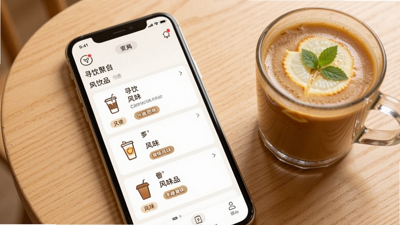 寻饮应用内饮品信息聚合页面展示,手机屏幕中呈现分类清晰的饮品列表,每项配有简约图标与风味标签,背景为浅色木质桌面,旁边放置一杯饮品,整体氛围温暖舒适,适合展示应用功能界面