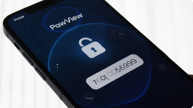 手机屏幕显示 PawView 隐私空间解锁界面,中央有锁形图标与密码输入框,背景为深色渐变,周围有微弱的蓝色光晕,营造安全可靠的视觉氛围