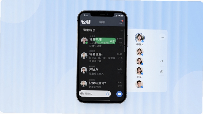 轻聊软件主界面展示,画面中央为轻聊聊天窗口,背景为浅蓝色渐变,简洁清爽的社交软件界面风格,包含消息列表和好友头像,整体色调柔和,突出轻量极速的产品定位