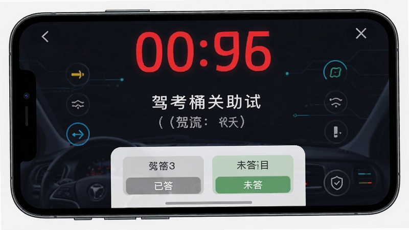 驾考通关助手 模拟考试界面 手机横屏显示 顶部倒计时红色数字醒目 中间题目文字清晰 底部答题卡弹出 显示已答和未答题目状态 背景为深色护眼模式 画面具有科技感与专注氛围