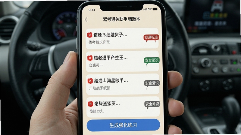 驾考通关助手 错题本功能界面 手机屏幕显示错题列表 每道题带有红色错误标记 右侧有分类标签如'交通标志'、'安全常识' 底部有'生成强化练习'按钮 背景为柔和的米白色 整体布局清晰有序