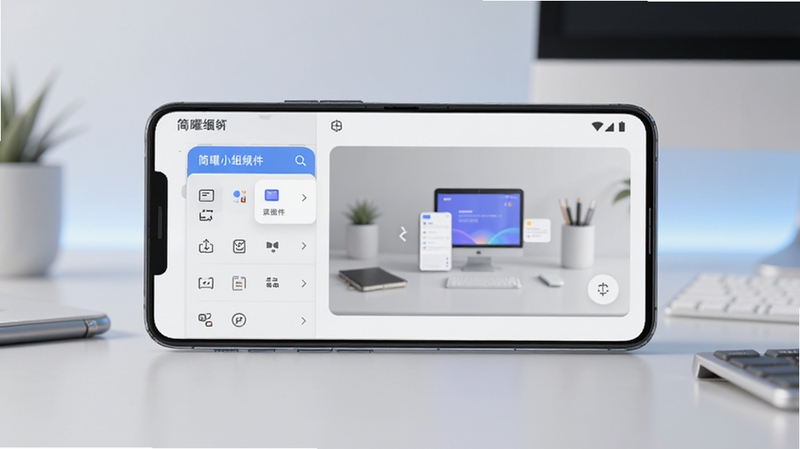 简曜小组件 整体界面展示图,画面中央为一部安卓手机,手机屏幕显示简曜小组件编辑主界面,左侧为组件分类列表,右侧为实时预览区,背景为浅灰与淡蓝渐变的柔和办公桌面环境,整体风格极简清新,光影柔和,细节清晰,适合作为软件下载站头图