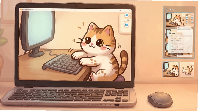 一台笔记本电脑的屏幕上显示着可爱的卡通猫咪在敲击桌面,屏幕旁边有键盘和鼠标,桌面背景整洁,画面右侧有设置菜单的缩略图,整体色调温暖,邦戈猫PC电脑版运行界面预览图