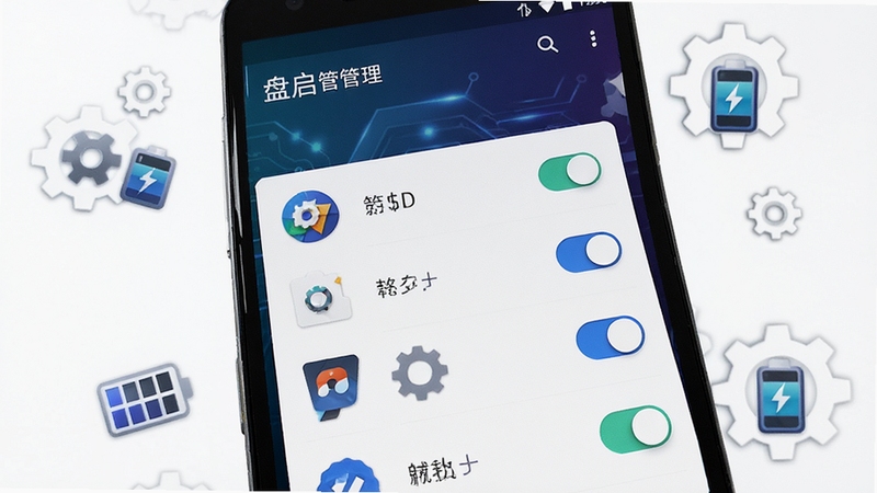 画面主体为一部安卓手机屏幕特写,屏幕中央清晰展示盘启应用的启动管理界面,界面内排列着多个应用图标与开关按钮,背景区域为深色科技感渐变,周围散落着齿轮与电池图标元素,整体风格简洁明快,突出手机工具软件的核心功能场景