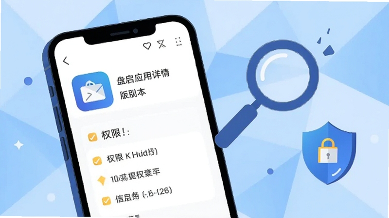 盘启应用详情页面截图风格插画,手机屏幕内展示应用图标、版本信息、权限列表等模块,背景为浅蓝色几何图形拼接,画面右侧漂浮着放大镜和盾牌图标,突出信息查看与安全管理的视觉隐喻