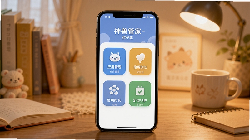 画面中央展示一部智能手机,屏幕上显示神兽管家-孩子端软件界面,界面中有应用管理、使用时长、定位守护等功能模块图标,背景为温馨家庭书桌场景,柔和暖色调,扁平化UI风格,高清细节,适合软件下载站展示