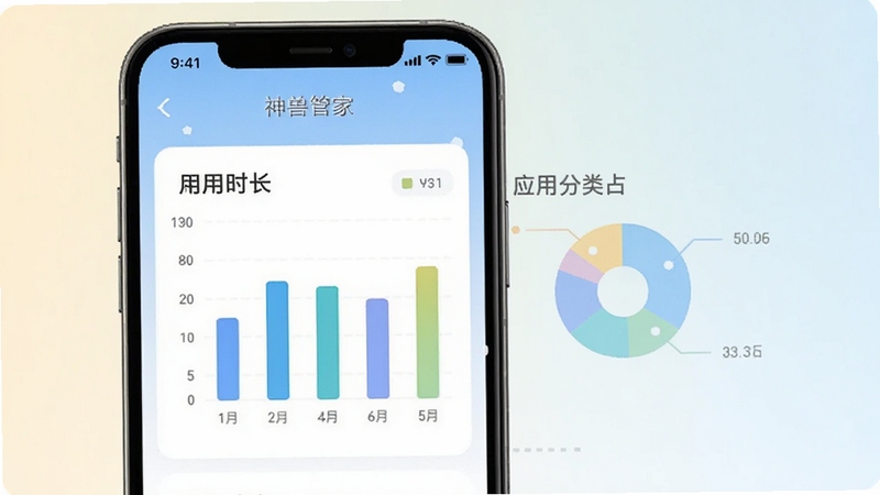神兽管家-孩子端软件使用报告界面,画面展示手机屏幕上显示周报图表,包含柱状图与饼图,标注用机时长和应用分类占比,背景为浅色渐变,UI风格清爽,适合软件功能介绍配图