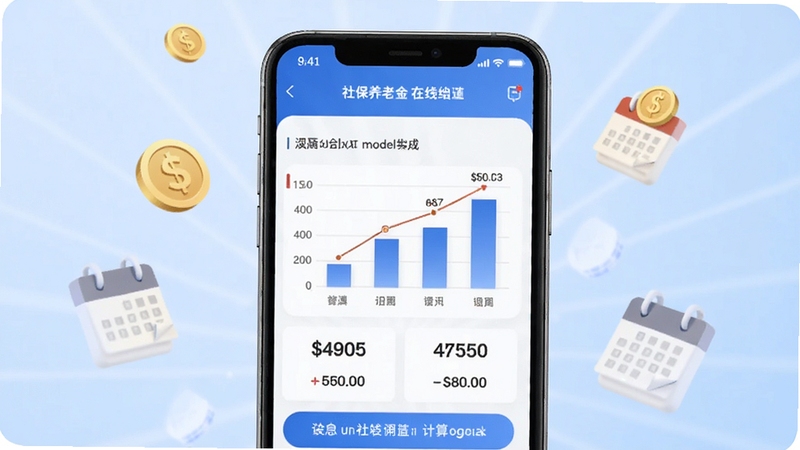 社保养老金在线计算软件主界面展示,画面中央是手机屏幕,屏幕内显示养老金测算结果图表和数字,背景为浅蓝色渐变,周围点缀金色硬币和日历图标,整体风格简洁商务,适配Boogu模型生成