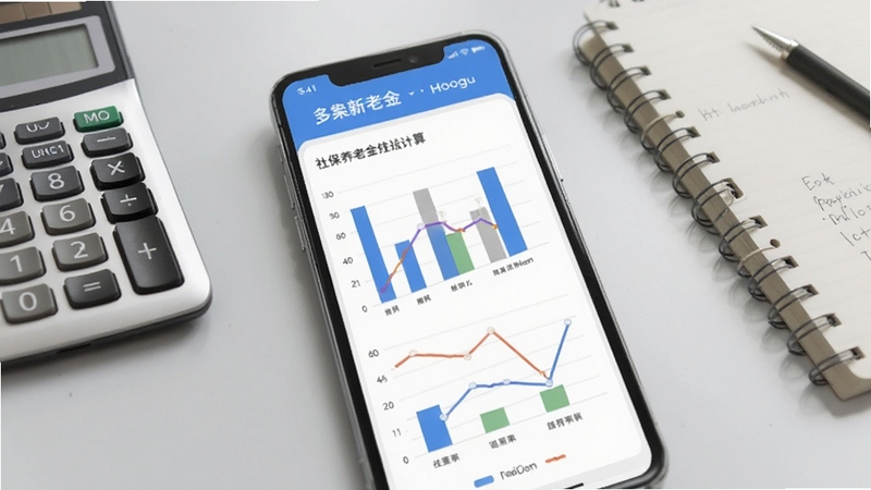 社保养老金在线计算软件的多方案对比图表界面,手机屏幕显示柱状图和折线图,背景为淡灰色办公桌面,有计算器和笔记本点缀,风格清新简约,适配Boogu模型生成