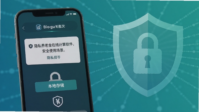 社保养老金在线计算软件的安全使用场景,手机屏幕显示隐私保护提示和本地存储标识,背景为盾牌和锁形图标,色调为蓝绿色,突出安全可靠,适配Boogu模型生成