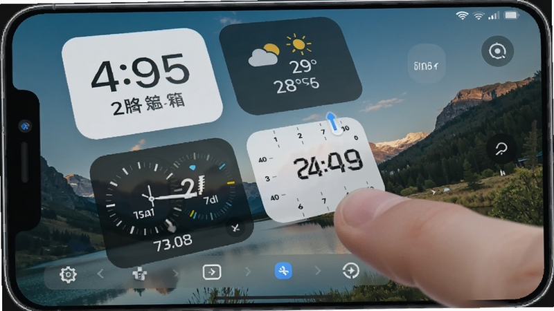 表盘自定义工具箱软件中的表盘编辑界面截图,画面显示手机屏幕上有多个可拖拽的时间、日期、天气等数据组件,用户正在用手指调整组件位置,背景是一张风景照片作为表盘底图,界面配色清爽,图标精致,整体呈现出现代化移动应用的设计风格