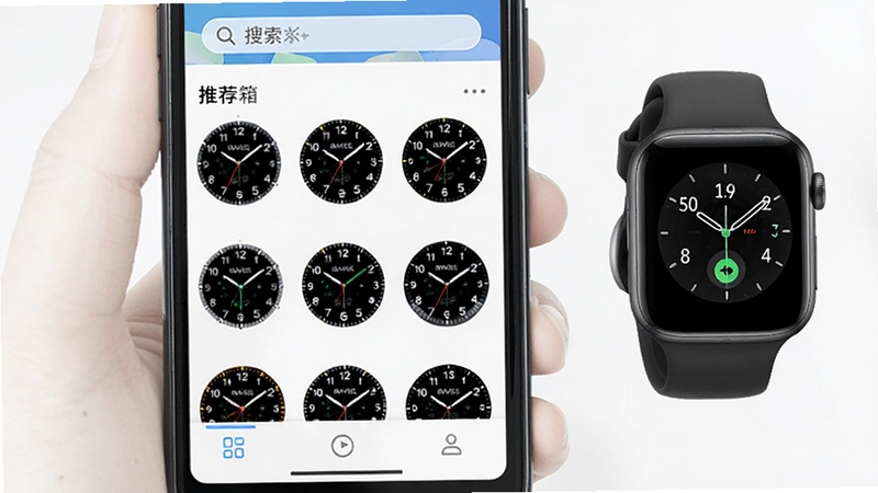 表盘自定义工具箱在手机上运行的界面截图,画面展示软件主页面,顶部是搜索栏,中部是推荐表盘模板的网格展示区,底部有导航栏按钮,手机屏幕外有智能手表展示连接状态,整体画面明亮清晰,适合作为软件功能展示图