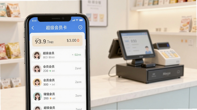 超级会员卡记账软件界面展示会员信息管理功能,画面主体为手机屏幕显示会员列表和储值余额,背景为简洁的店铺收银台环境,明亮柔和光线,扁平化设计风格