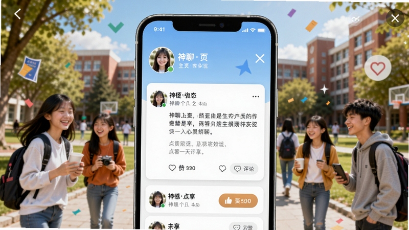 ���ĸ�����ҳ�붯̬�����棬չʾ�û�ͷ�񡢶�̬��Ƭ�͵������۰�ť������Ϊ�ഺ������У԰������ͻ���罻������Χ