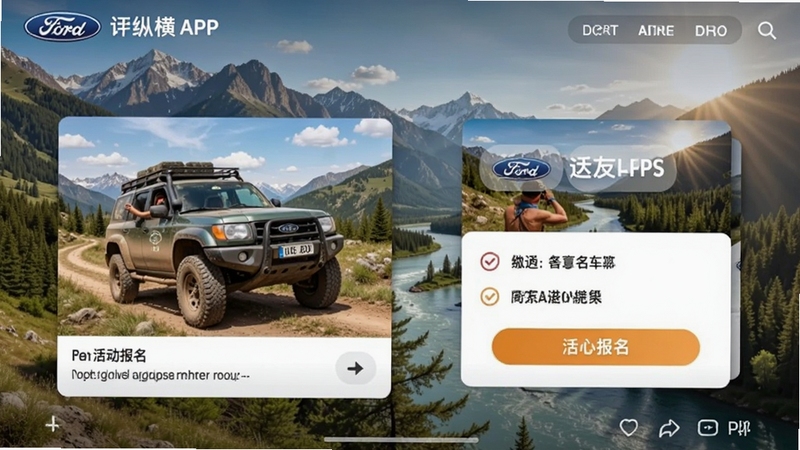 福特纵横APP社区页面截图风格,展示车友分享的越野照片与活动报名卡片,背景为山川河流,氛围热烈,画面生动自然