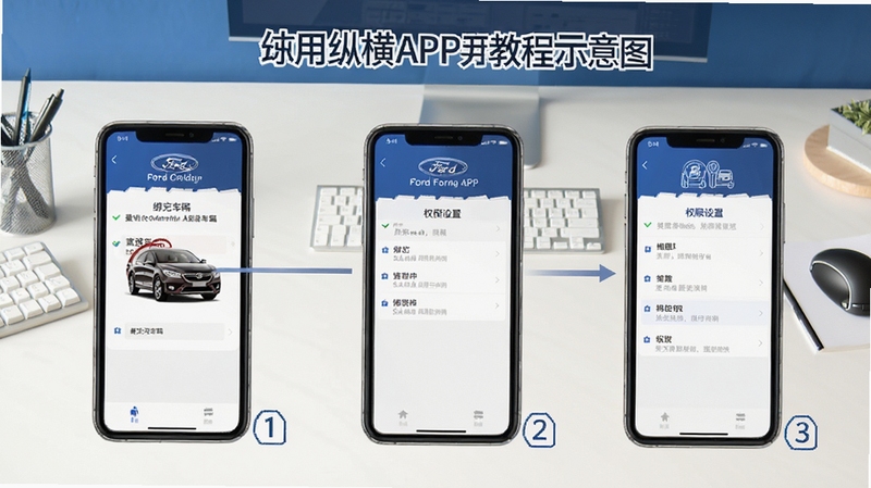 福特纵横APP使用教程示意图,手机屏幕分步展示绑定车辆与权限设置界面,背景简洁办公桌面,画面清晰易懂