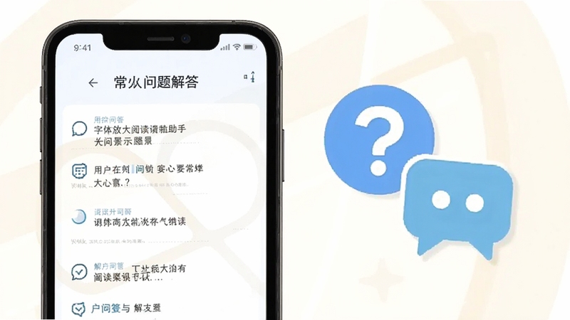 字体放大阅读助手问答场景示意图,画面中手机屏幕显示常见问题解答界面,旁边有问号与对话气泡图标,背景为浅色简约风格,突出用户问答与解决方案