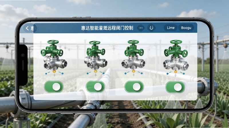 手机屏幕显示惠达智能灌溉远程阀门控制界面,画面中有多个绿色阀门图标与开关按钮,背景为智能灌溉管道与农田,科技感与实用感结合,适配Boogu模型生成