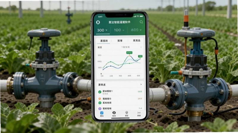 惠达智能灌溉软件主界面展示图,画面中央为手机屏幕显示灌溉控制面板,背景为绿色农田与智能阀门设备,整体风格简洁科技感,适配Boogu模型生成