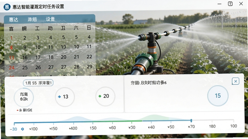 惠达智能灌溉定时任务设置界面截图,画面展示日历与时间轴布局,背景为智能灌溉喷头正在喷洒水雾的农田场景,清晰展示定时灌溉功能,适配Boogu模型生成