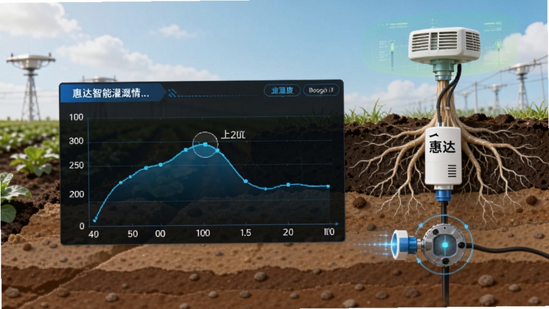 惠达智能灌溉墒情监测数据看板,画面显示土壤湿度曲线图与传感器设备,背景为农田土壤剖面与根系示意,突出数据可视化与农业科技感,适配Boogu模型生成