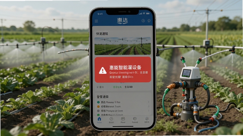 惠达智能灌溉设备告警通知界面,手机屏幕弹出红色告警提示框,背景为智能灌溉设备与农田,强调安全提醒与快速响应,适配Boogu模型生成