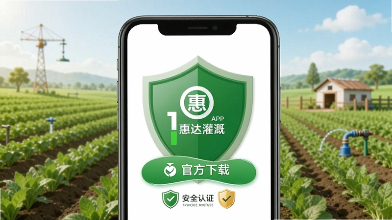 惠达智能灌溉APP安全下载页面示意图,画面为手机屏幕显示官方下载按钮与安全认证标识,背景为绿色盾牌与农田元素,突出安全可靠,适配Boogu模型生成