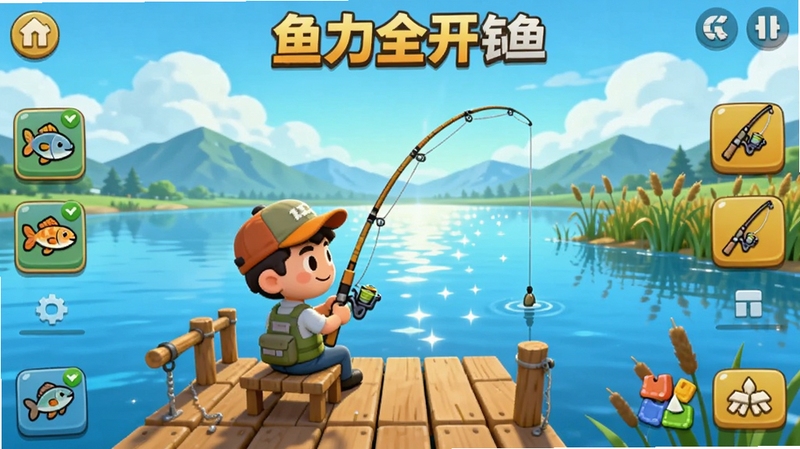 鱼力全开钓鱼游戏主界面全景,画面中央展示一位卡通钓手坐在木质钓台上,钓竿弯曲指向波光粼粼的湖面,背景区域分为远山、白云与岸边芦苇,左右两侧分布鱼类图鉴图标与钓具升级按钮,整体色调明亮清新,适配Boogu模型生成