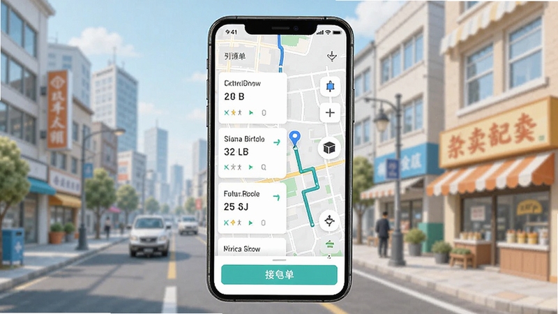 外卖众包配送软件主界面截图,画面中央展示订单列表与地图导航区域,背景为城市街区与商户店铺,整体色调明亮清爽,突出手机屏幕上的接单按钮与配送路线,适配Boogu模型生成