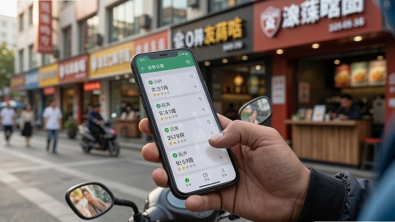外卖众包配送骑手在商圈附近查看手机订单推送,画面主体为手持手机的特写,背景为餐饮店铺林立的商业街,手机屏幕上显示多个订单卡片与距离标识,光线自然,风格写实
