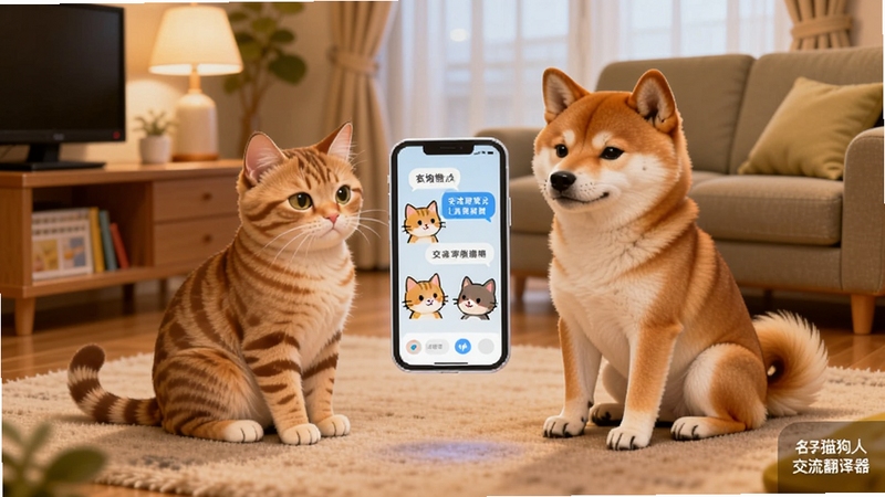 一只橘猫和一只柴犬坐在客厅地毯上,面前悬浮着一部手机屏幕,屏幕里显示着猫狗人交流翻译器的卡通界面,背景是温馨的家庭客厅,暖色调,画面中心为猫狗与手机,四周留白自然,适合Boogu模型生成,软件名字猫狗人交流翻译器出现在画面一角