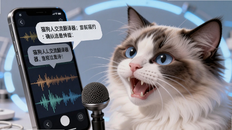一只布偶猫对着手机麦克风喵喵叫,手机屏幕上显示声波波形和文字气泡,气泡里写着猫狗人交流翻译器的翻译结果,背景是浅蓝色科技感光晕,画面聚焦猫与手机,细节清晰,适合Boogu模型生成